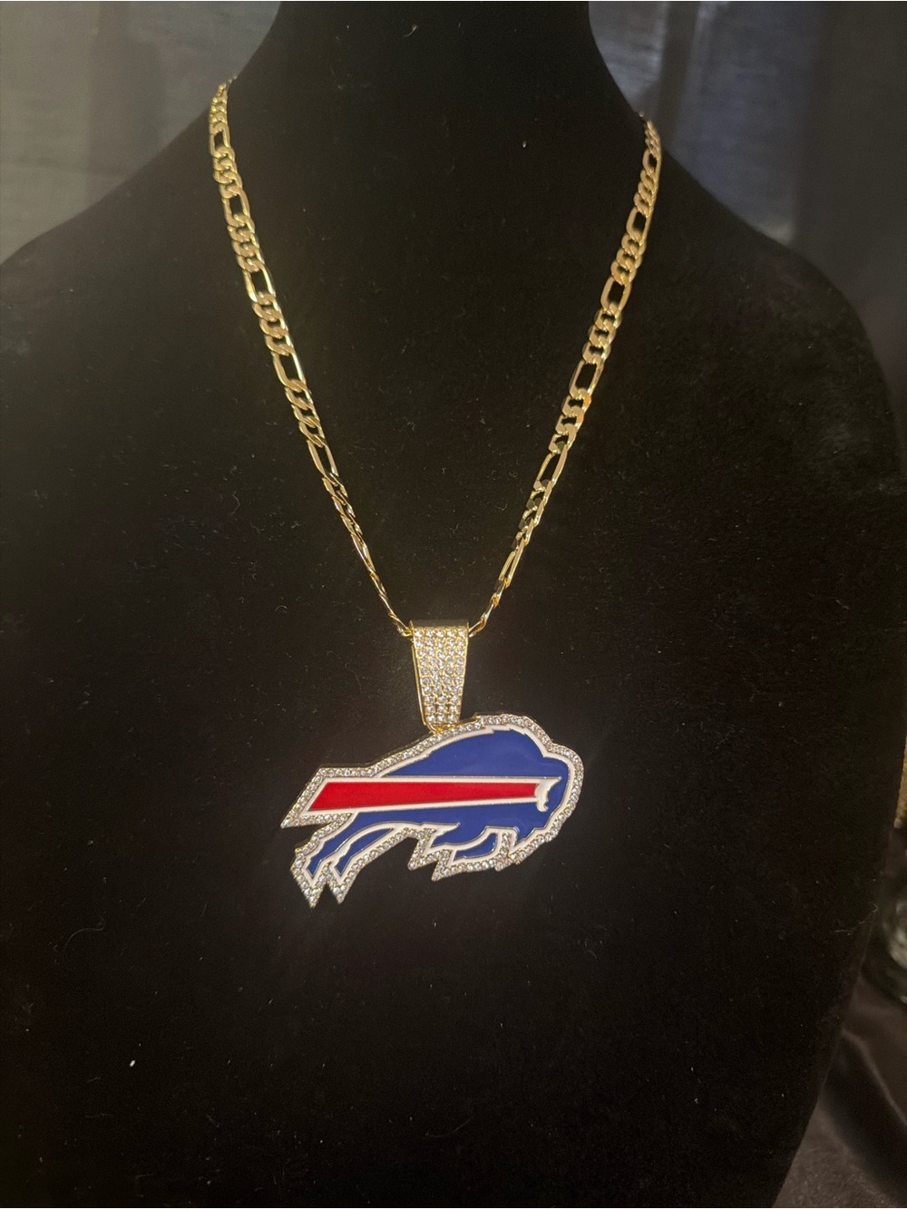 Gold-Tone Pendant Necklace with Blue and Red Enamel Buffalo Logo